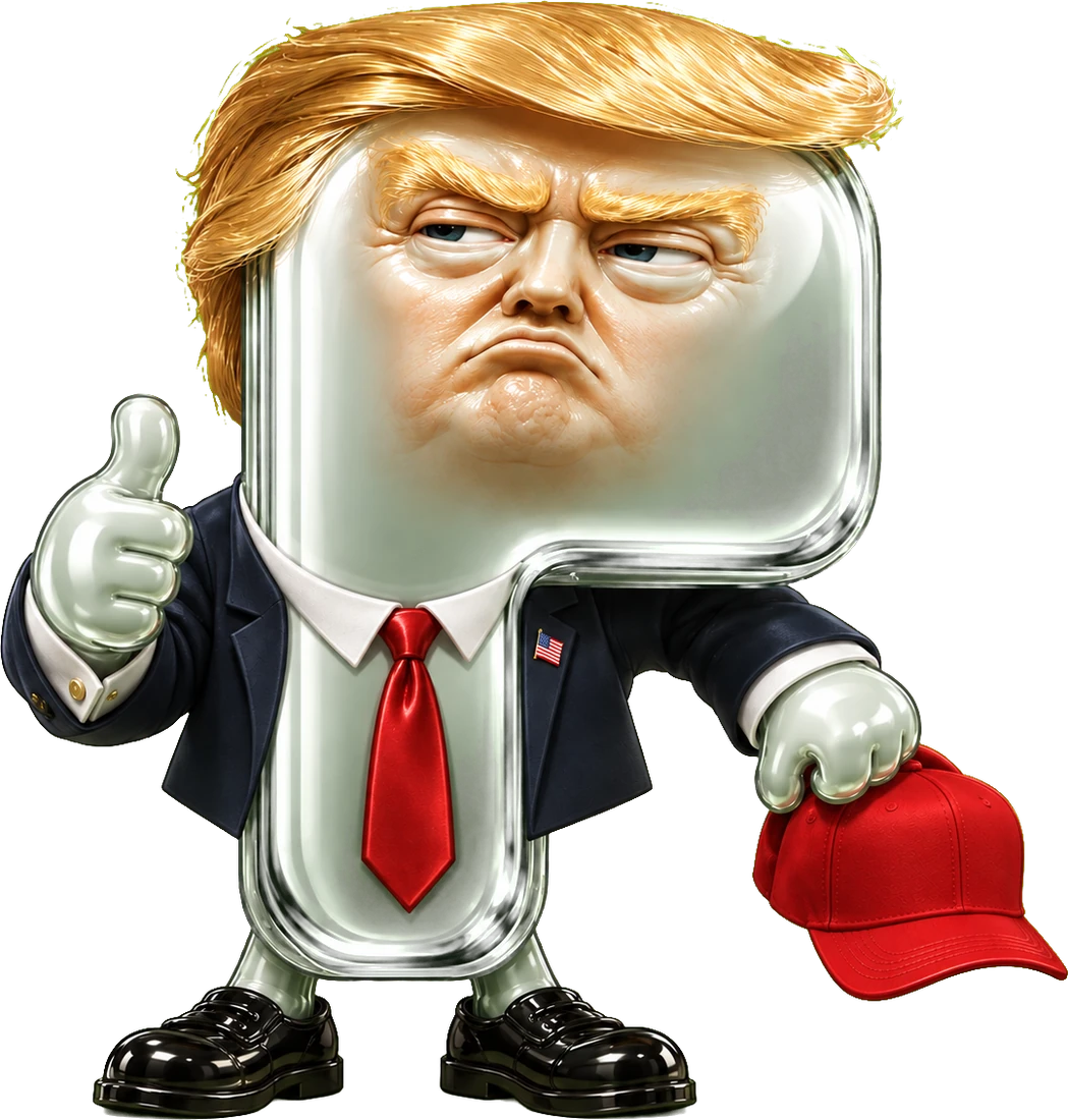prump standing on absolutely nothing, one thumb permanently up, holding out the red hat he has never once put on